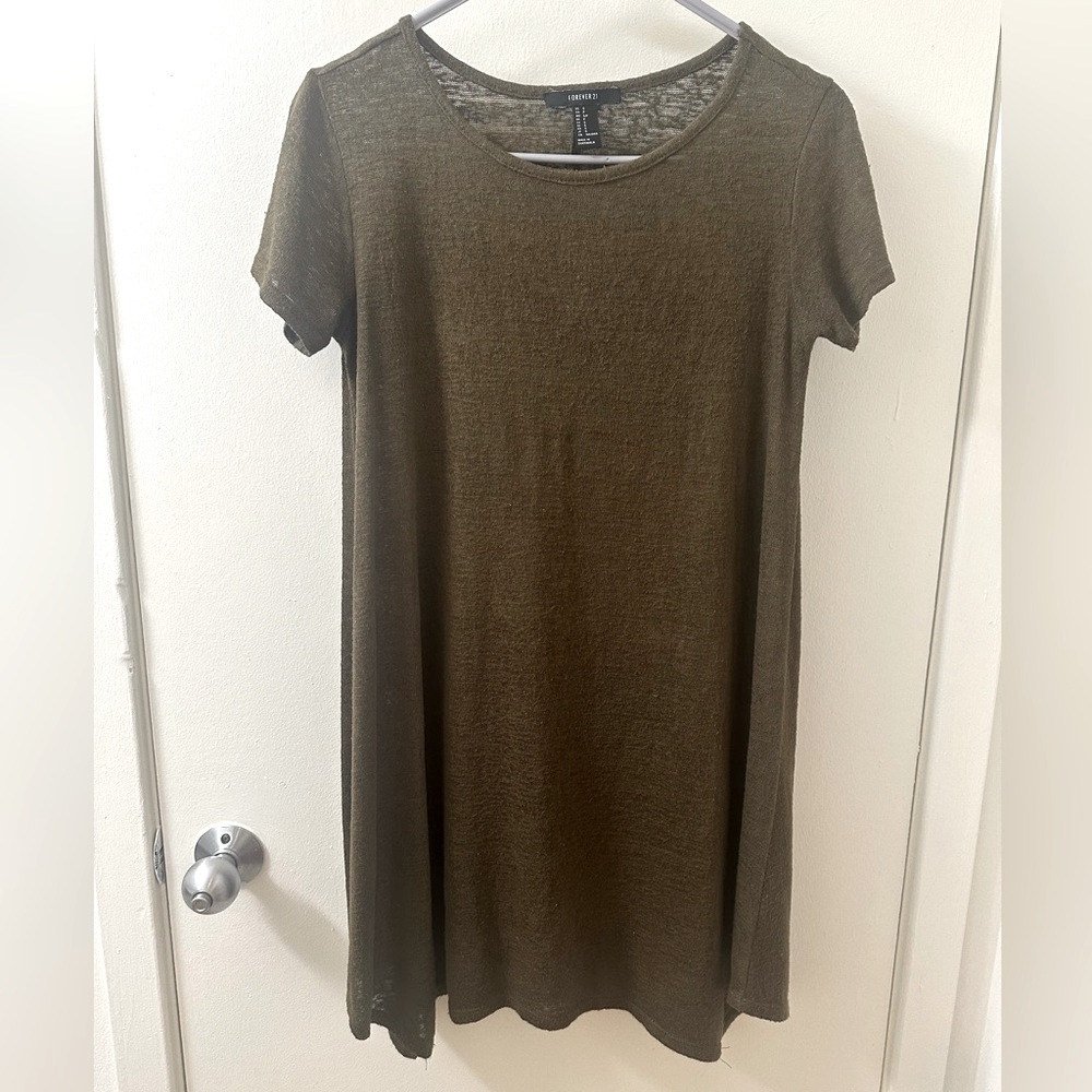 Forever 21 Vintage Olive Green Knit Cotton T-Shirt Short Sleeve Mini Dress Small
